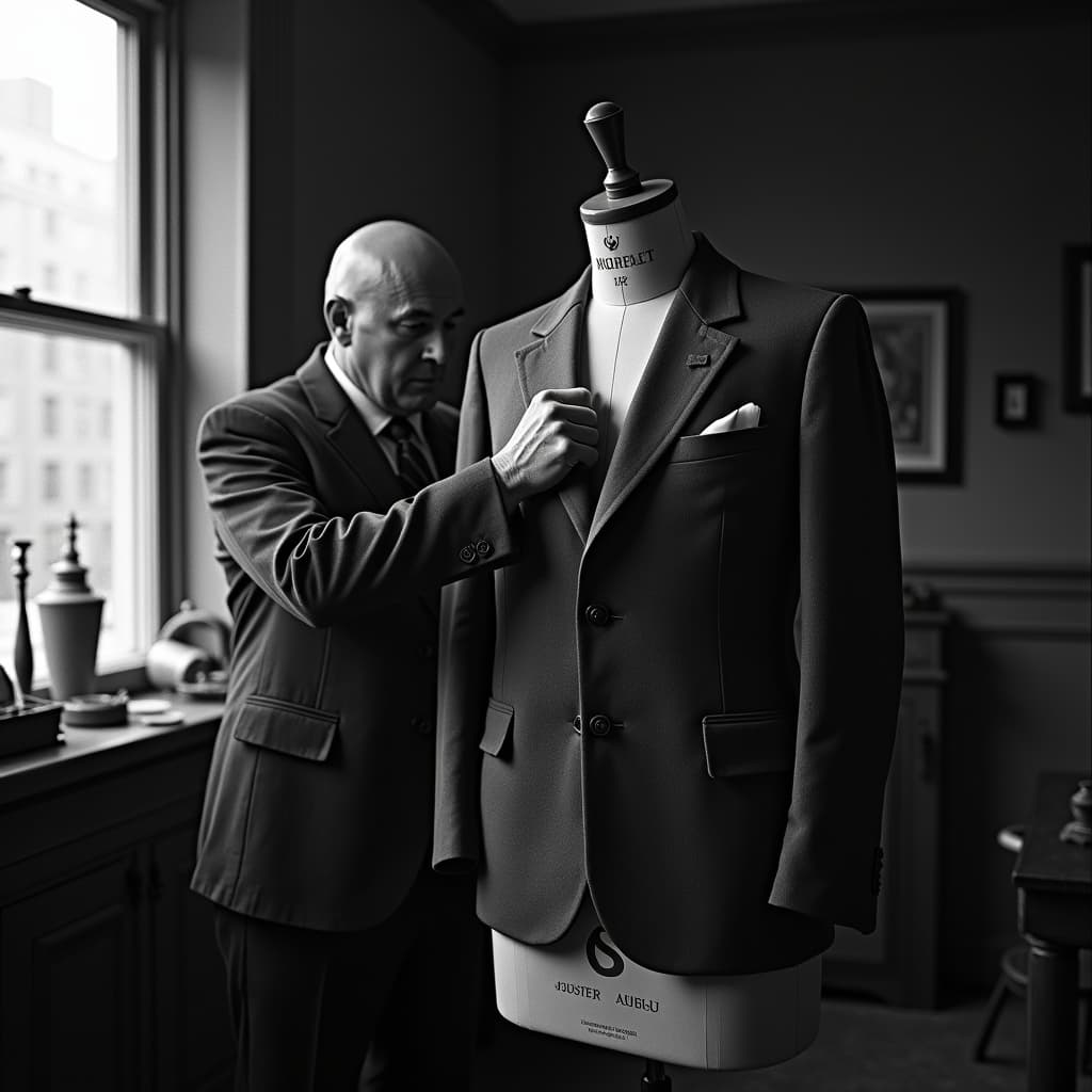 Master tailor holding a bespoke suit jacket in the atelier