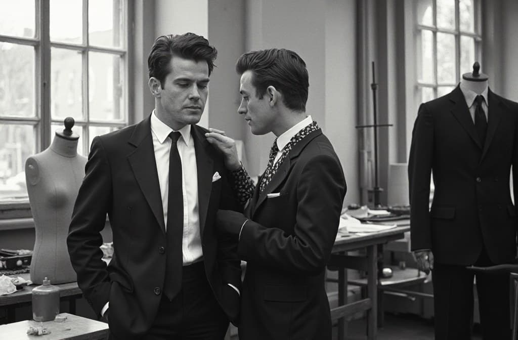 A tailor fitting a client in the Upper East Side workshop, early 1980s