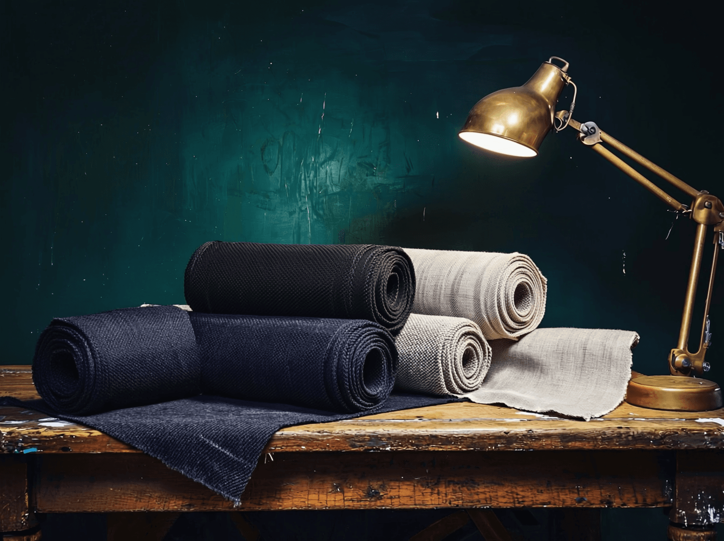 Navy, black, and ivory cloth on the cutting table